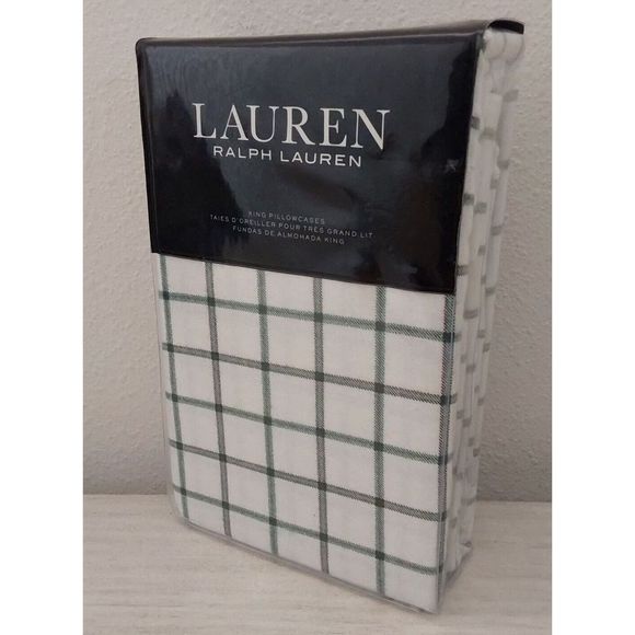 Ralph Lauren FLANNEL Cotton White Green Red MILLERTON PLAID Two King Pillowcases - Picture 2 of 10